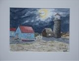 Point Lighthouse on a Moonlite Night by Chubby-ArtStudio, Painting, Watercolour on Paper